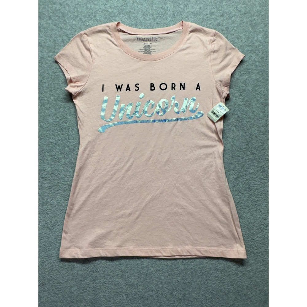 Wound Up I Was Born A Unicorn Graphic Tee Pink Holographic Foil Shirt L 11-13